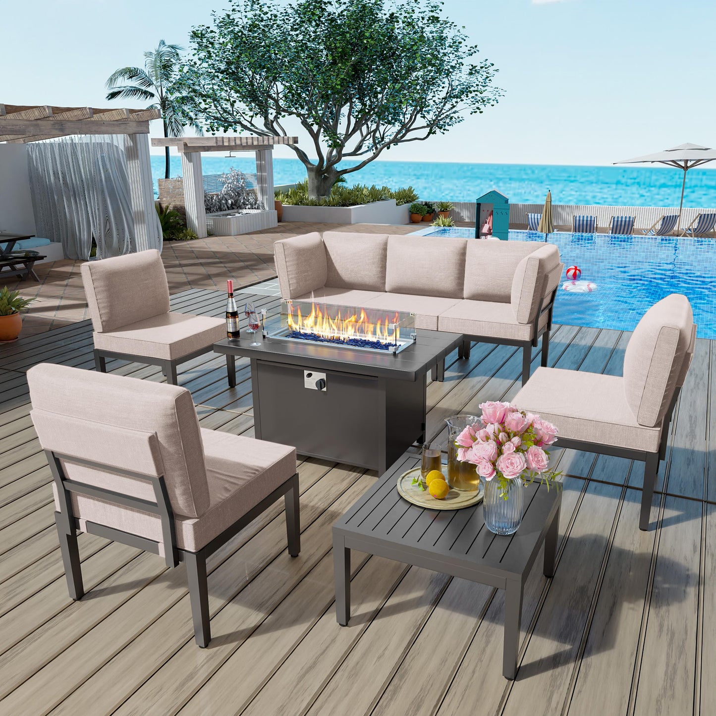 ALAULM 7 Pieces Metal Patio Furniture Set Modern Outdoor Furniture w/Coffee Table Patio Sectional