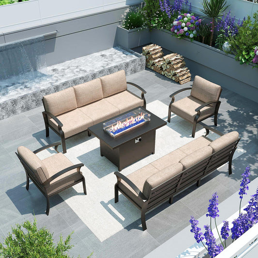 Gotland 8 Seats Outdoor Metal Patio Furniture Set with 55,000 BTU Gas Fire Pit Table w/Glass Wind Guard Patio Conversation Sectional Sofa Sets