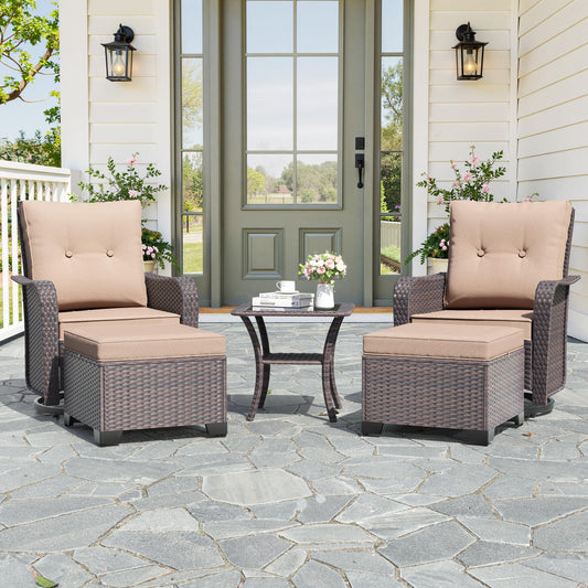 Gotland 5 Pieces Outdoor Swivel Chairs Set,Patio Wicker Rocker Chairs with 4" Thick Cushions,Side Table and Ottomans,Patio Conversation Furniture Set for Patio Porch Deck Backyard