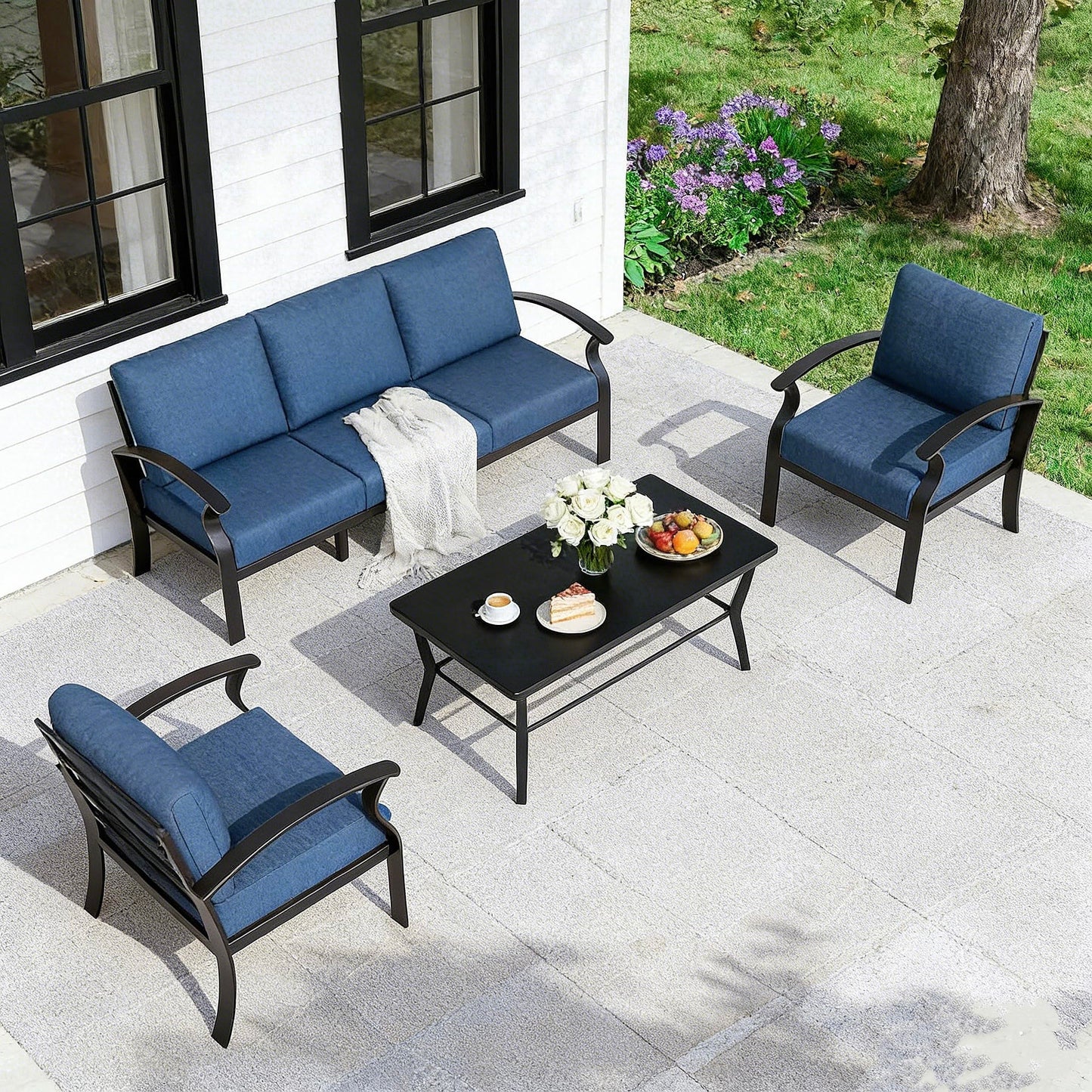 Gotland 5 Piece Aluminum Patio Furniture Set,Modern Metal Outdoor Patio Furniture w/5.1'' Thick Cushion and Rectangular Coffee Table,Patio Conversation Sets for Porch,Deck