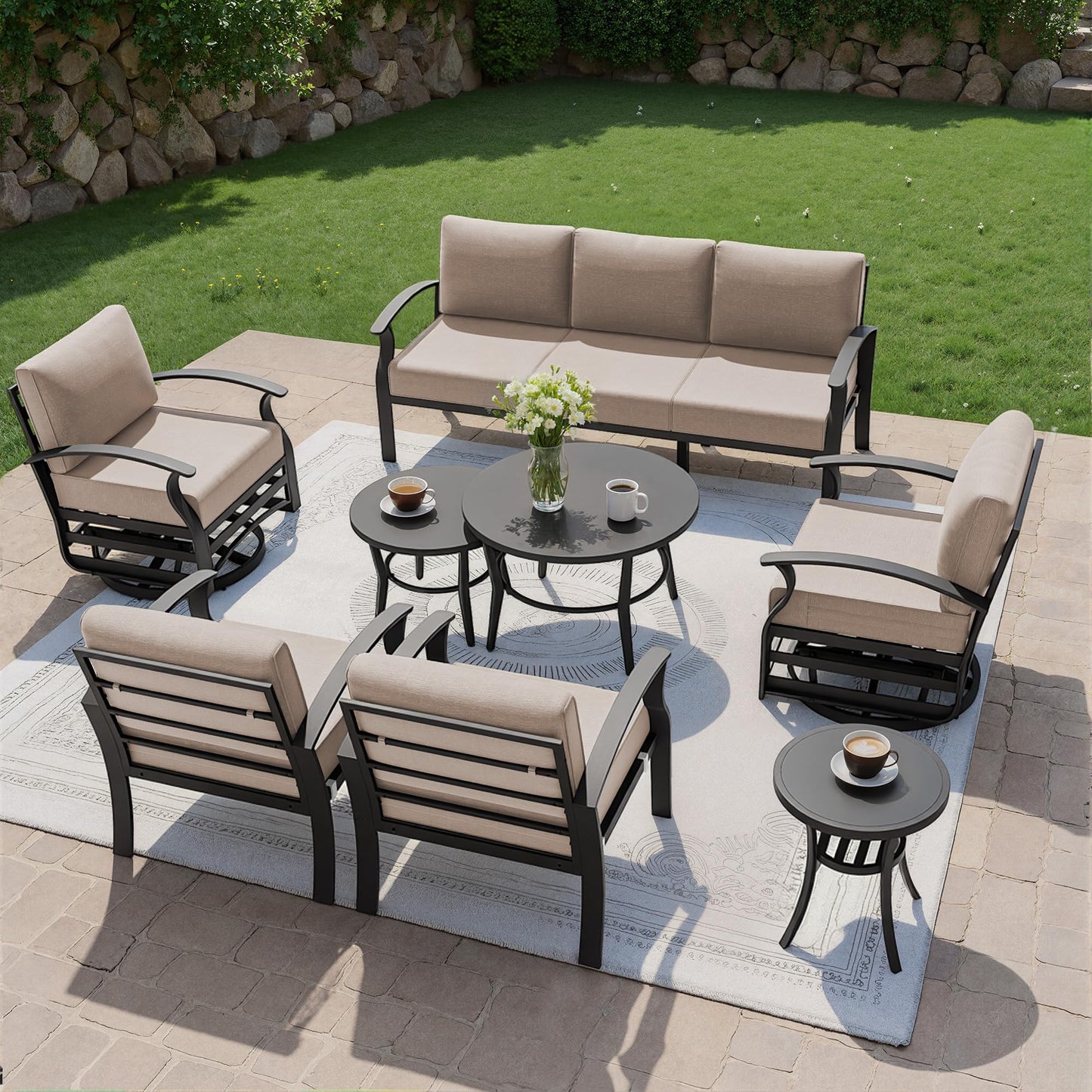 Gotland 7 Piece Aluminum Patio Furniture Set,Modern Metal Outdoor Patio Furniture w/5.1'' Thick Cushion,Swivel Chairs and Round Coffee Table,Patio Conversation Sets for Porch,Deck