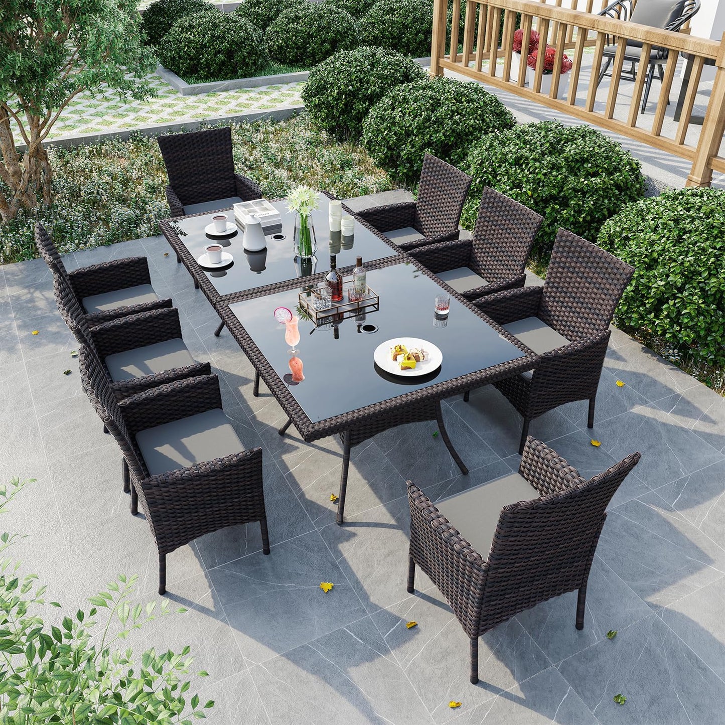 Gotland Outdoor Dining Table Set, Garden Patio Rattan Set with w/Tempered Glass Tabletop with Removable Cushions and Umbrella Cutout for Patio, Backyard