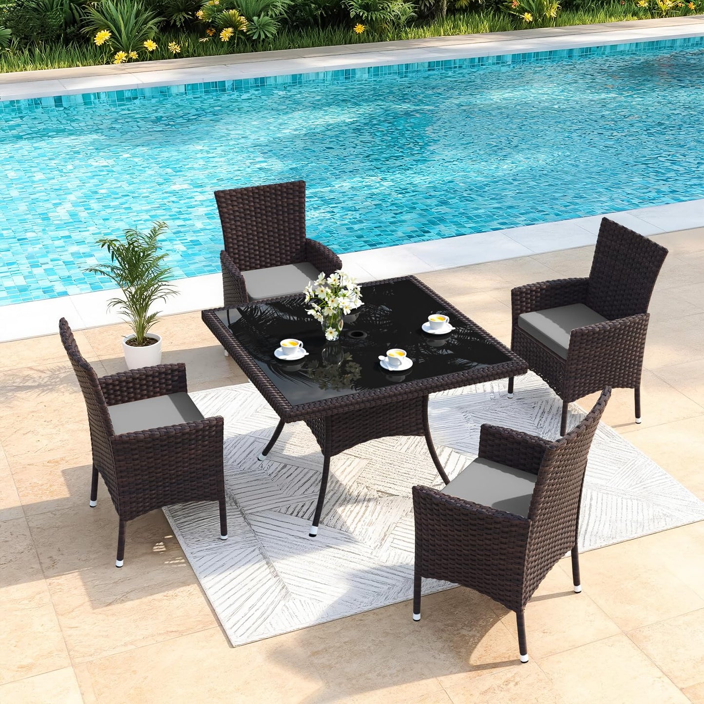 Kullavik 5-Piece Patio Outdoor Dining Set, Wicker Patio Furniture Set of 4 Rattan Chairs with Soft Cushions and Square Table with Umbrella Cutout