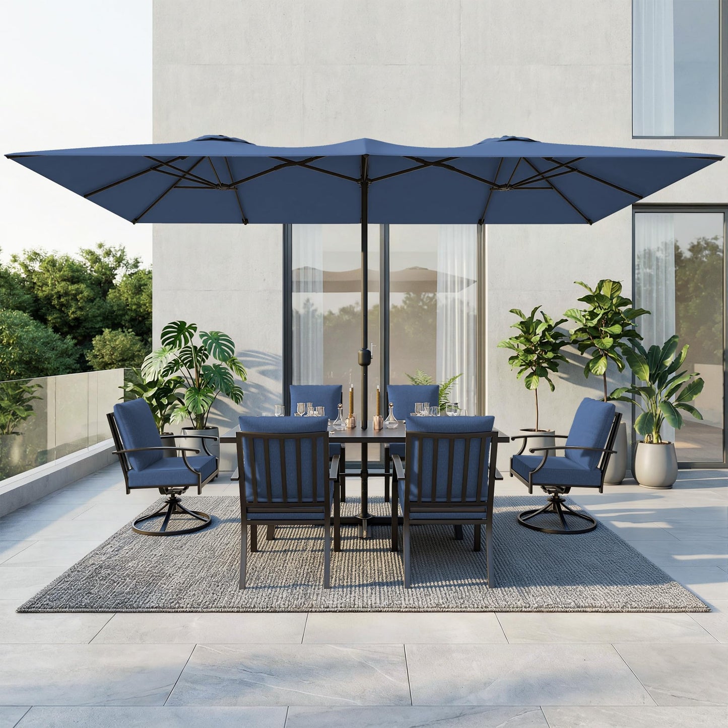 Gotland 8PCS Outdoor Patio Dining Set with 13.6ft Double-Sided Patio Umbrella, Patio Table and Chairs Metal Outdoor Patio Furniture Set, Dining Table Set with 2 Swivel Chairs