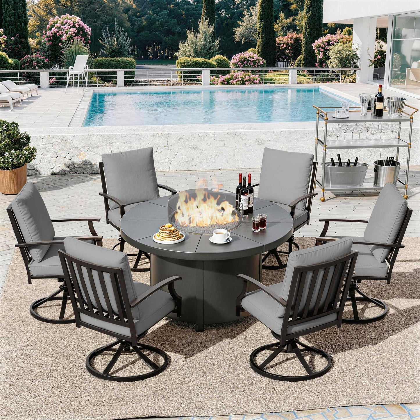 ALAULM 7PCS Metal Outdoor Patio Furniture Set with 48"/55000 BTU Round Fire Pit Table,Outdoor Dining Table Set 6 Swivel Chairs No-Slip Cushions