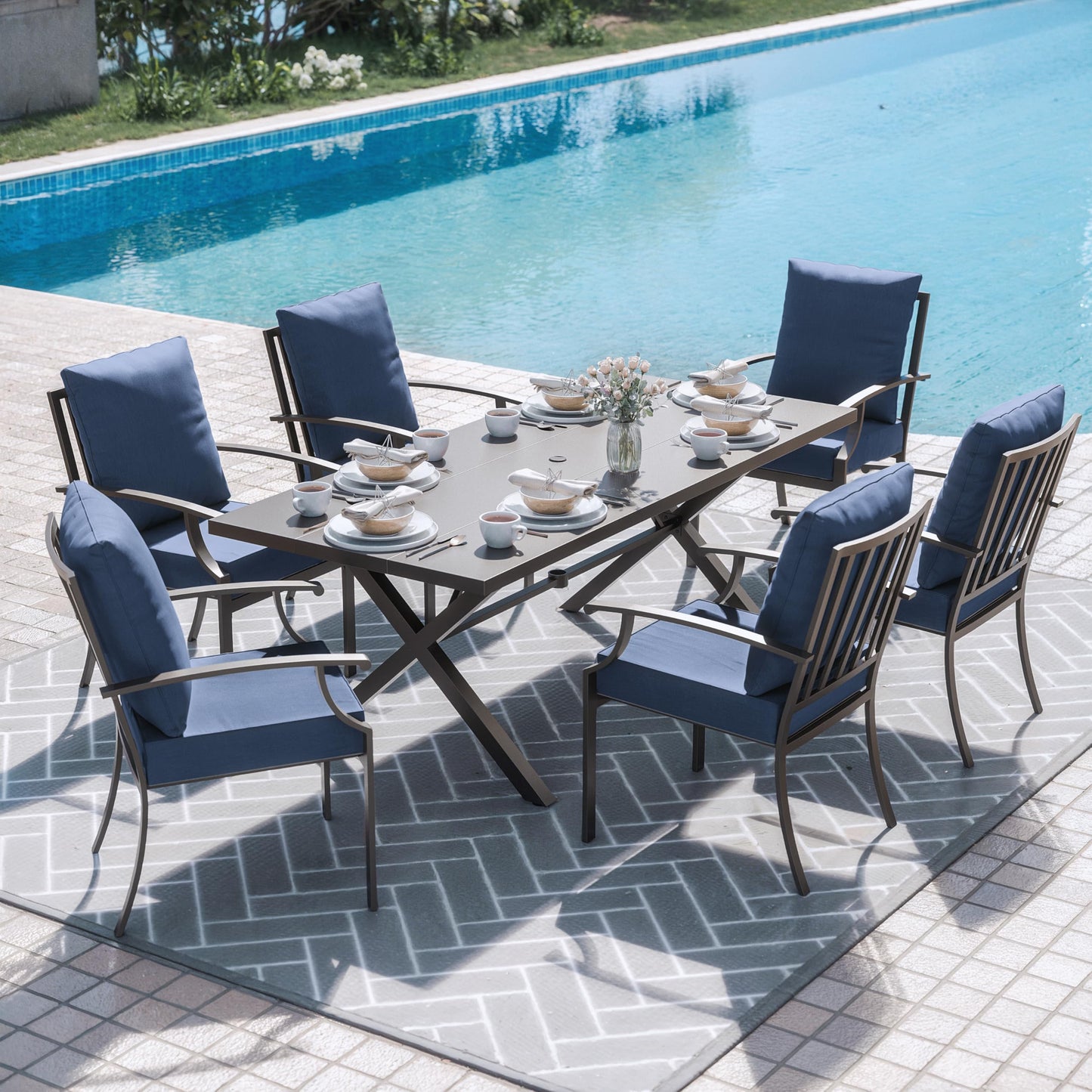 7-Piece Patio Dining Set | Rectangular Table with Umbrella Hole