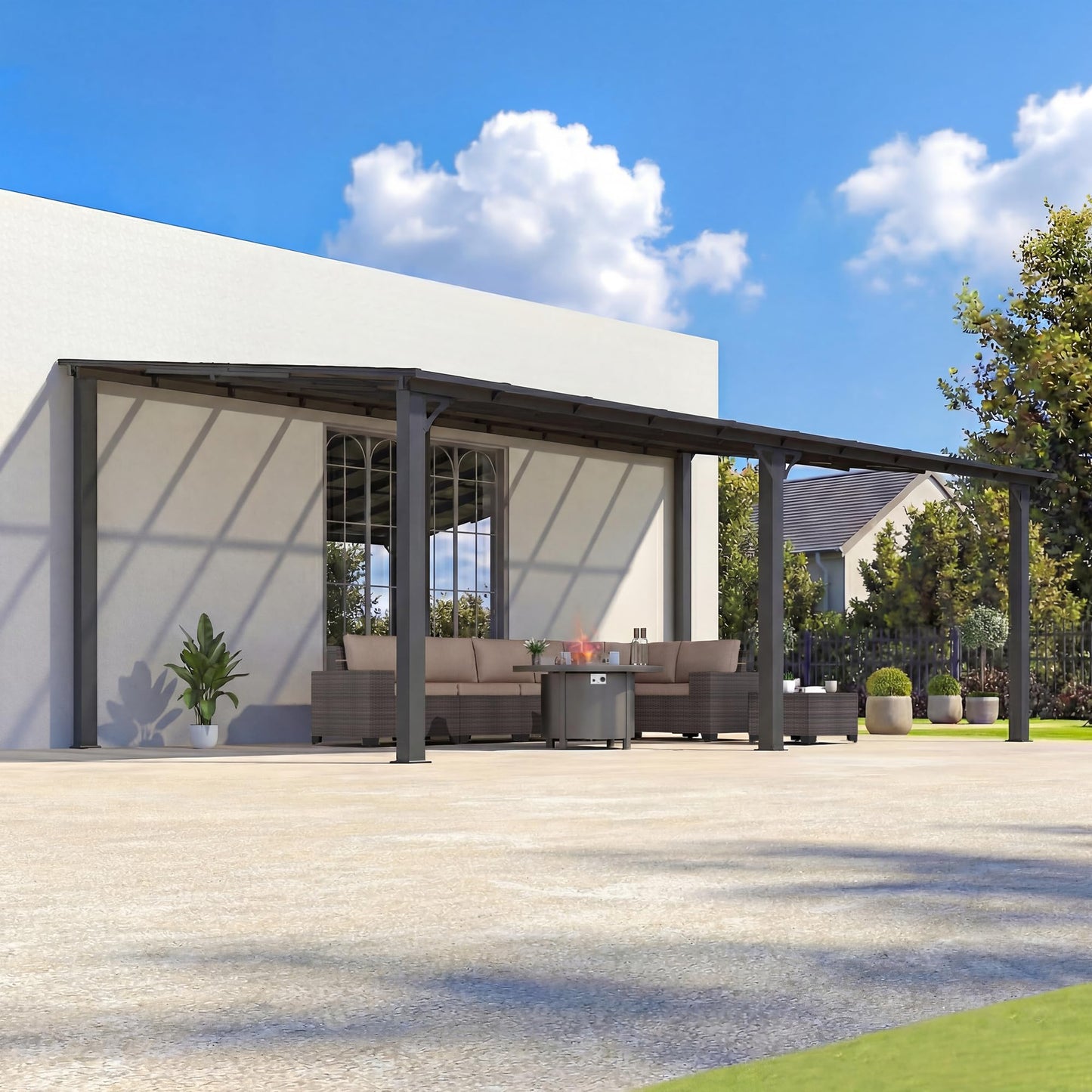 ALAULM 5 FT x 8 FT Pergola, Lean to Gazebo with Ground Anchor Sturdy Structure, Outdoor Gazebo with Sloped Roof, Galvanized Steel Metal Pergola, Wall Mounted Gazebo for Backyard Deck Tawny