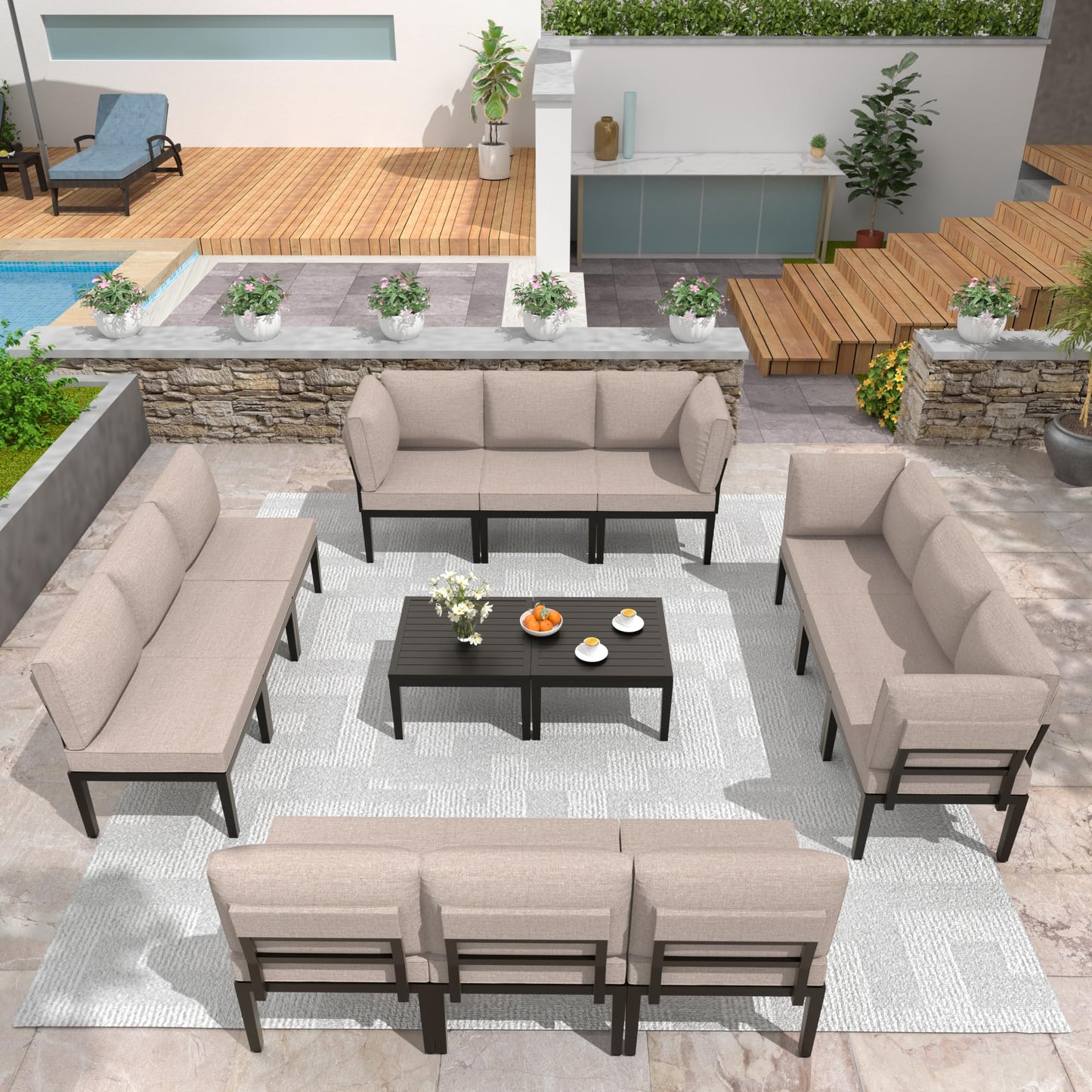 ALAULM 7 Pieces Metal Patio Furniture Set Modern Outdoor Furniture w/Coffee Table Patio Sectional