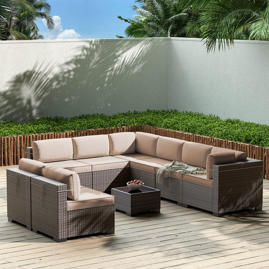 Gotland Outdoor Patio Furniture Set 9 Piece Sectional Rattan Sofa Set Rattan Wicker Patio Conversation Set with 8 Seat Cushions and 1 Tempered Glass Table
