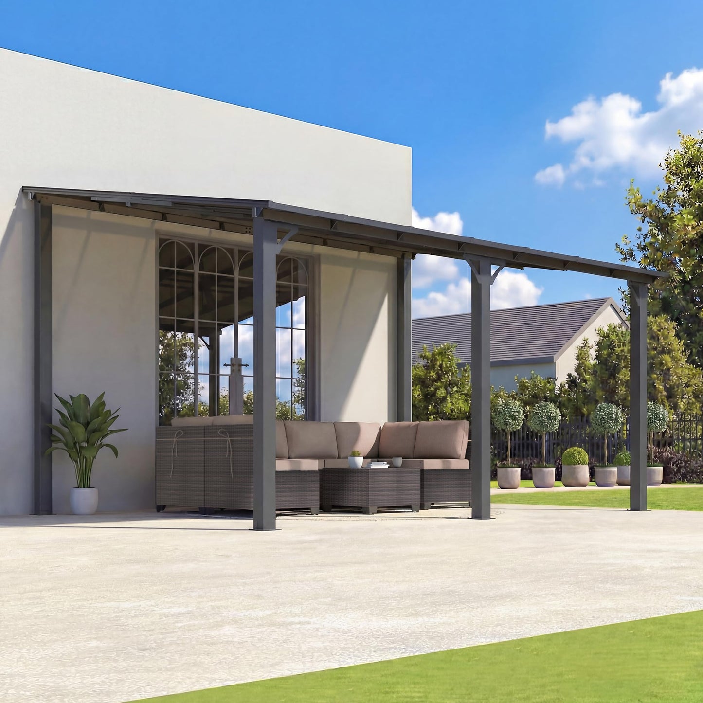 ALAULM 5 FT x 8 FT Pergola, Lean to Gazebo with Ground Anchor Sturdy Structure, Outdoor Gazebo with Sloped Roof, Galvanized Steel Metal Pergola, Wall Mounted Gazebo for Backyard Deck Tawny