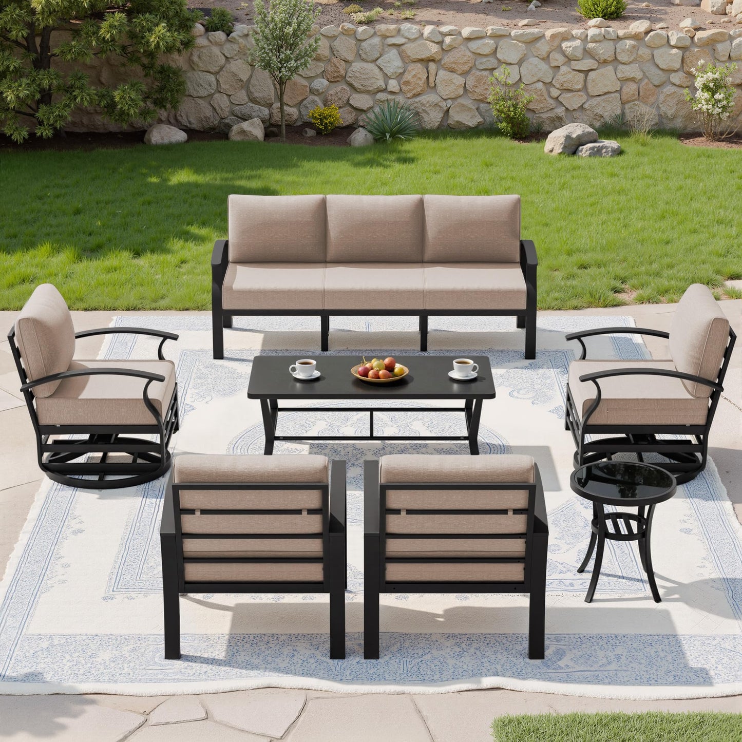 Gotland 7 Piece Aluminum Patio Furniture Set,Modern Metal Outdoor Patio Furniture w/5.1'' Thick Cushion,Swivel Chairs and Rectangular Coffee Table,Patio Conversation Sets for Porch,Deck
