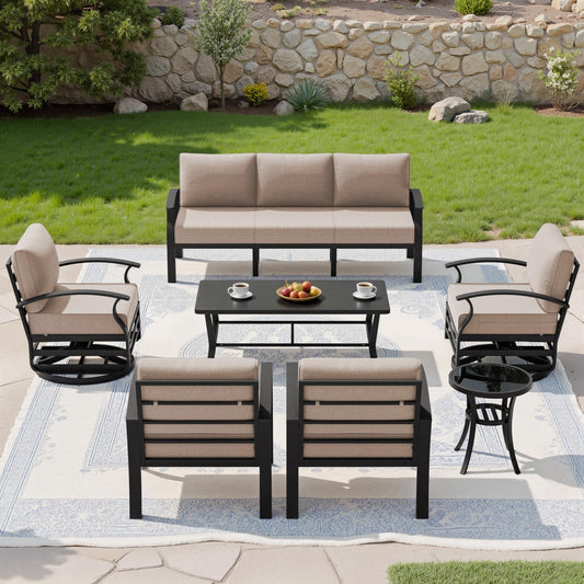 Gotland 7 Piece Aluminum Patio Furniture Set,Modern Metal Outdoor Patio Furniture w/5.1'' Thick Cushion,Swivel Chairs and Rectangular Coffee Table,Patio Conversation Sets for Porch,Deck