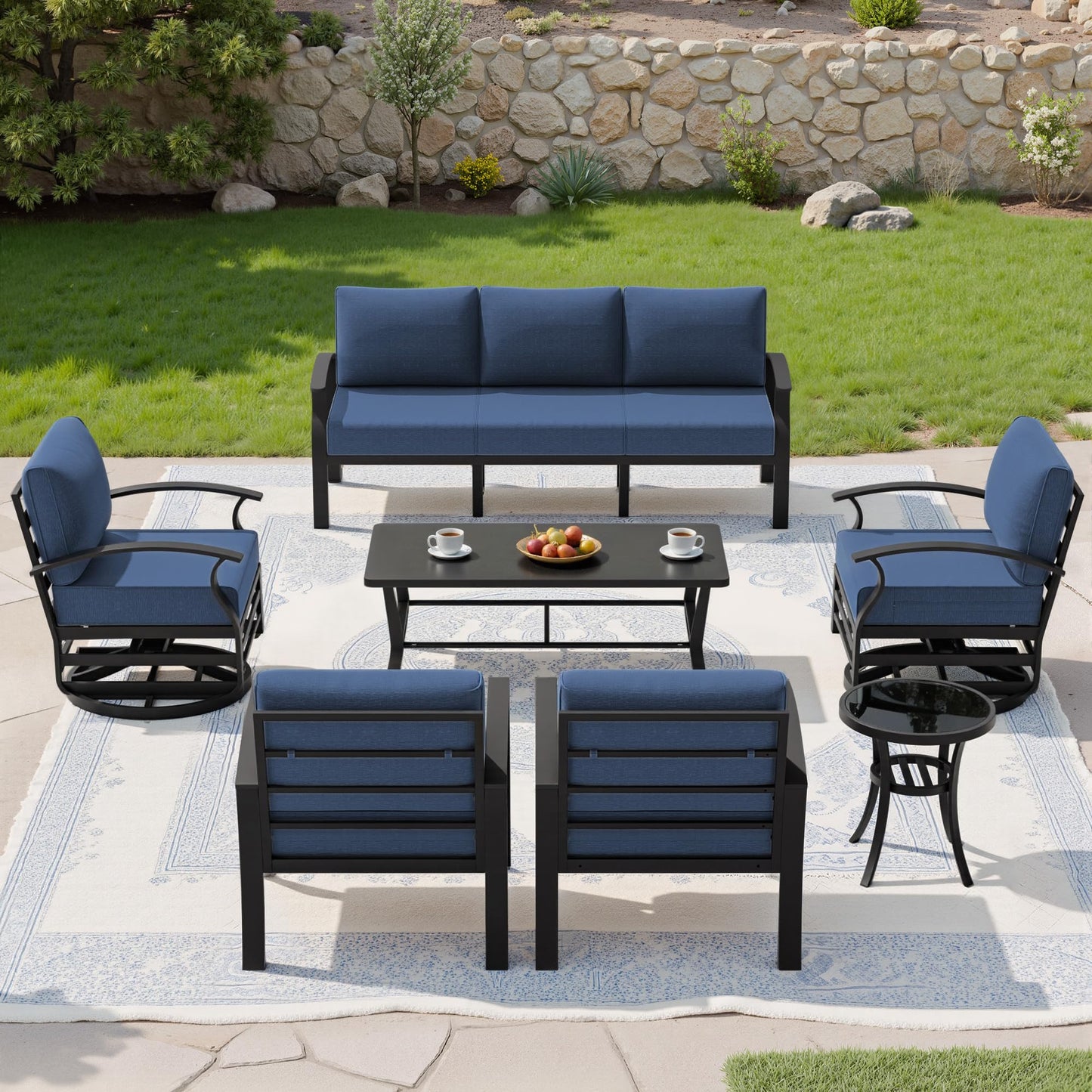 Gotland 7 Piece Aluminum Patio Furniture Set,Modern Metal Outdoor Patio Furniture w/5.1'' Thick Cushion,Swivel Chairs and Rectangular Coffee Table,Patio Conversation Sets for Porch,Deck