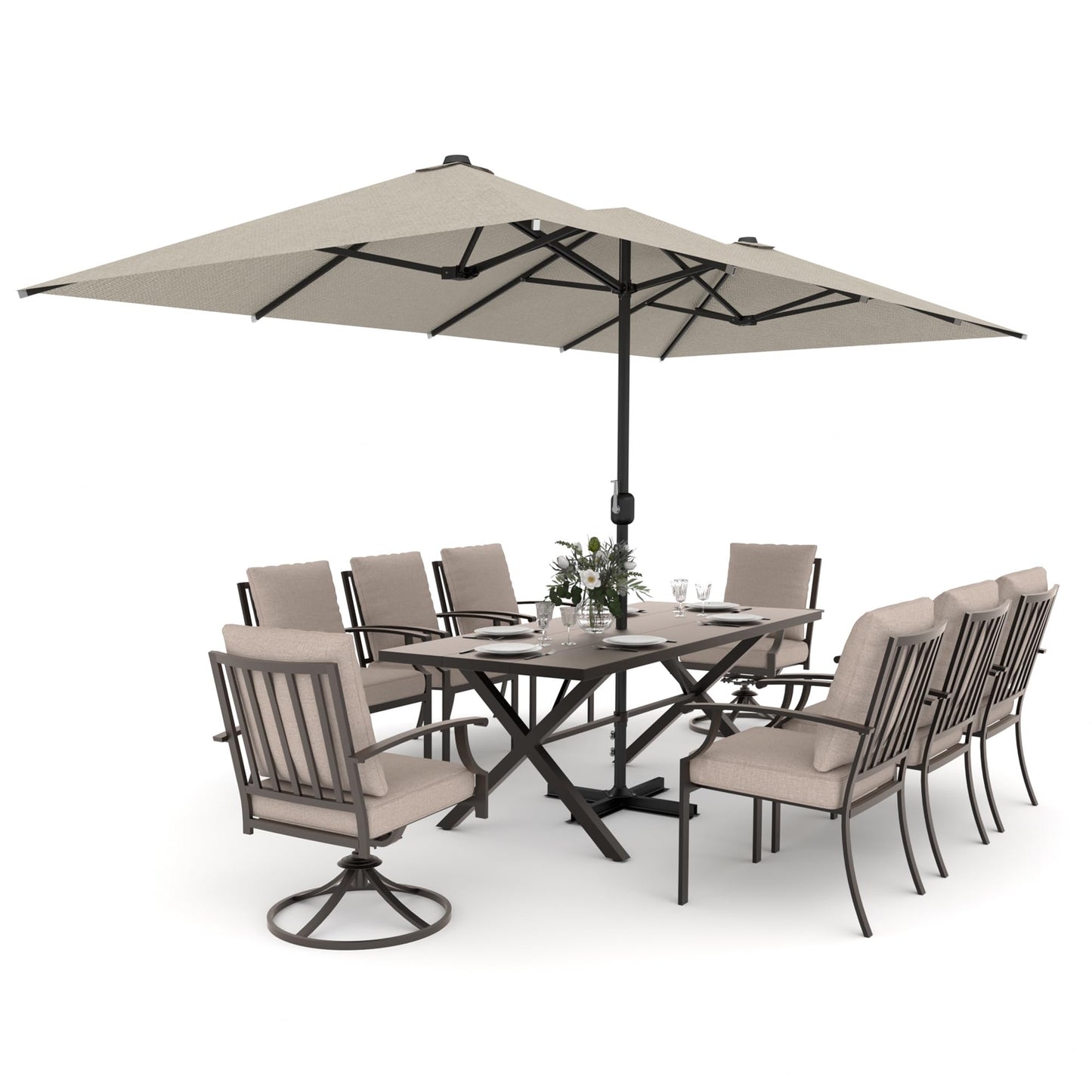 Gotland 10PCS Outdoor Patio Dining Set with 13.6ft Double-Sided Patio Umbrella, Patio Table and Chairs Metal Outdoor Patio Furniture Set, Dining Table Set with 8 Swivel Chairs
