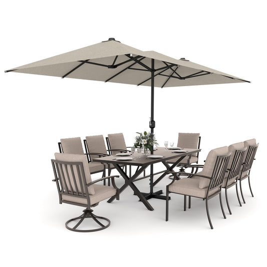 Gotland 10PCS Outdoor Patio Dining Set with 13.6ft Double-Sided Patio Umbrella, Patio Table and Chairs Metal Outdoor Patio Furniture Set, Dining Table Set with 8 Swivel Chairs