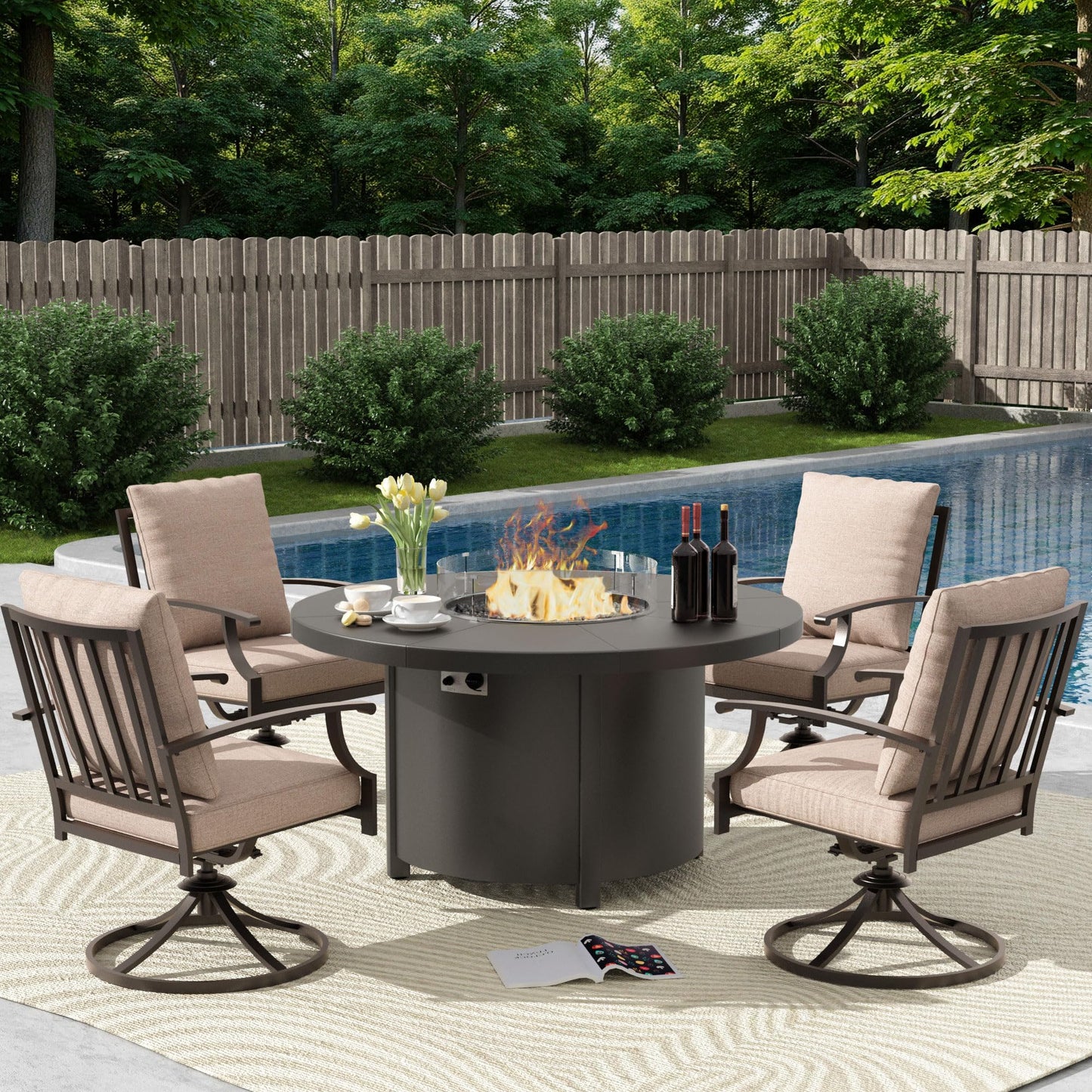 ALAULM 5PCS Metal Outdoor Patio Furniture Set with 48"/55000 BTU Round Fire Pit Table,Outdoor Dining Table Set 4 Swivel Chairs No-Slip Cushion