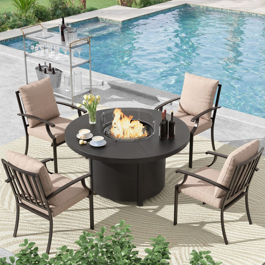 ALAULM 5PCS Metal Outdoor Patio Furniture Set with 48"/55000 BTU Round Propane Fire Pit Table,Patio Conversation Sets 4 Fixed Chairs No-Slip Cushions