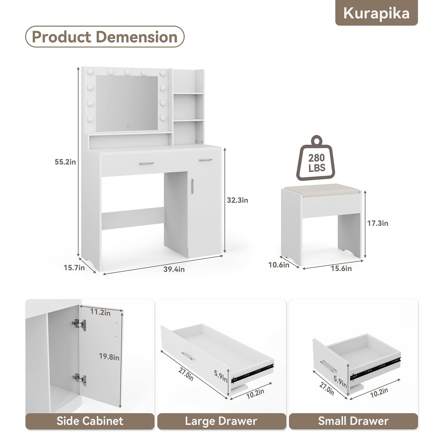 ALAULM 39.4" Vanity Mirror with Lights,Modern Lighted Vanity Table with 3 Drawers & 3 Storage Shelves,with White Vanity Chair,Three Adjustable Lighting Modes,Bedroom Vanity Desk,White