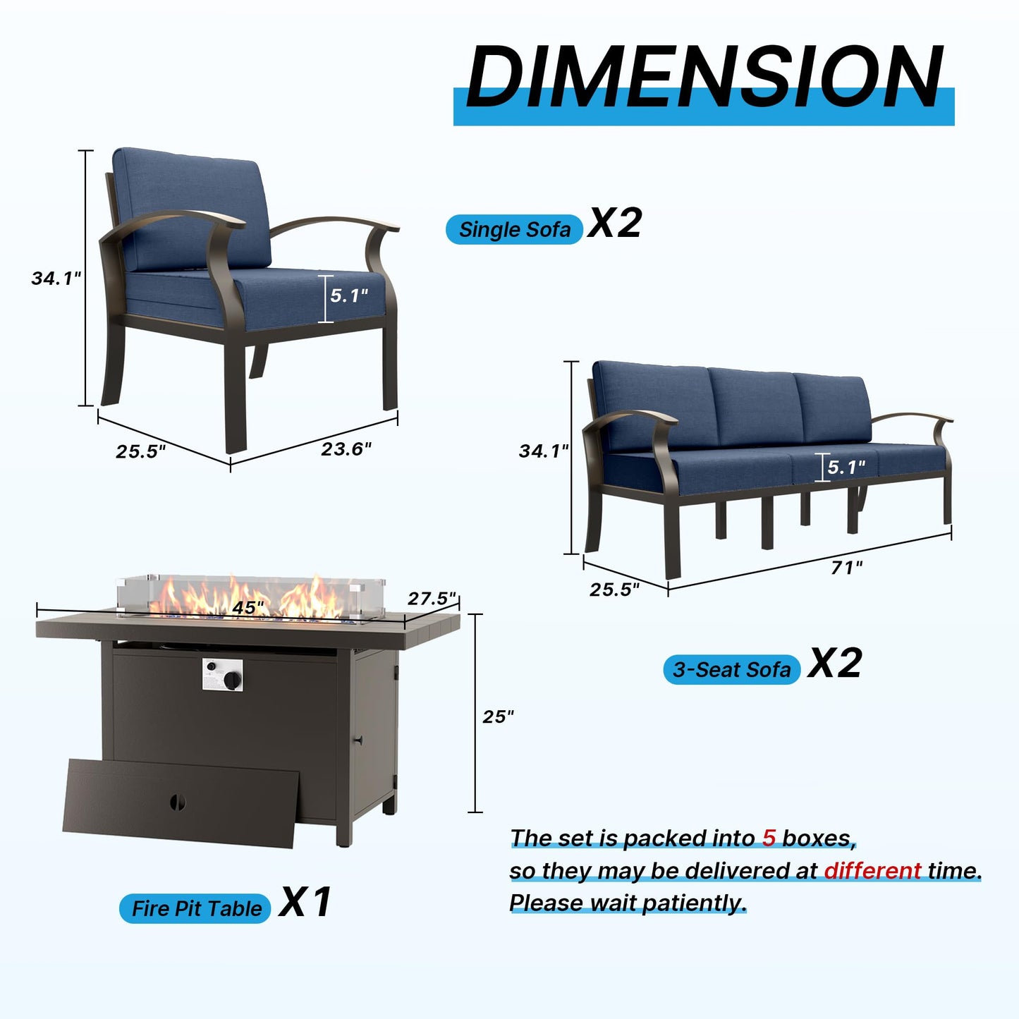 Gotland 8 Seats Outdoor Metal Patio Furniture Set with 55,000 BTU Gas Fire Pit Table w/Glass Wind Guard Patio Conversation Sectional Sofa Sets