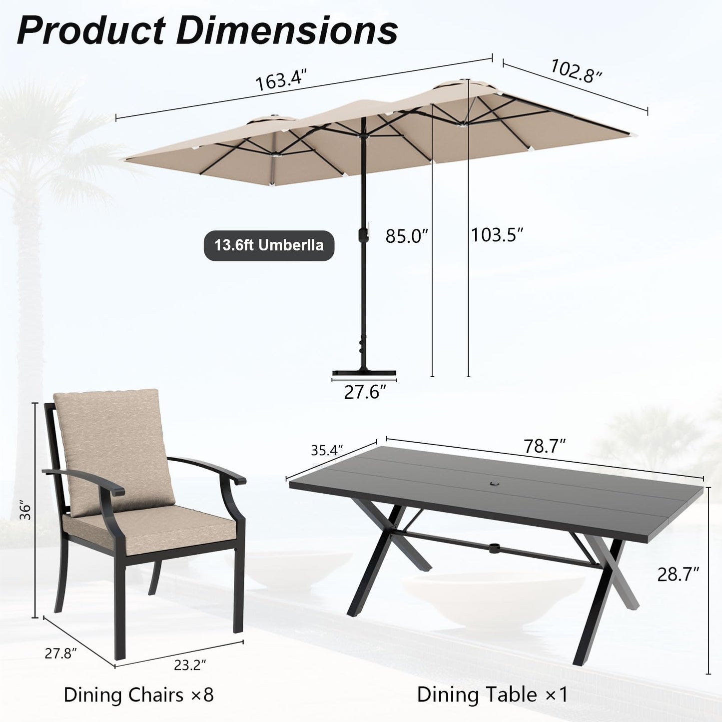 Gotland 10PCS Patio Conversation Set, Metal Outdoor Furniture Set Includes 13.6FT Umbrella, Hole Cut-Out 78.7" x 35.4" Table and 8 Metal Stackable chairs for Backyard Garden