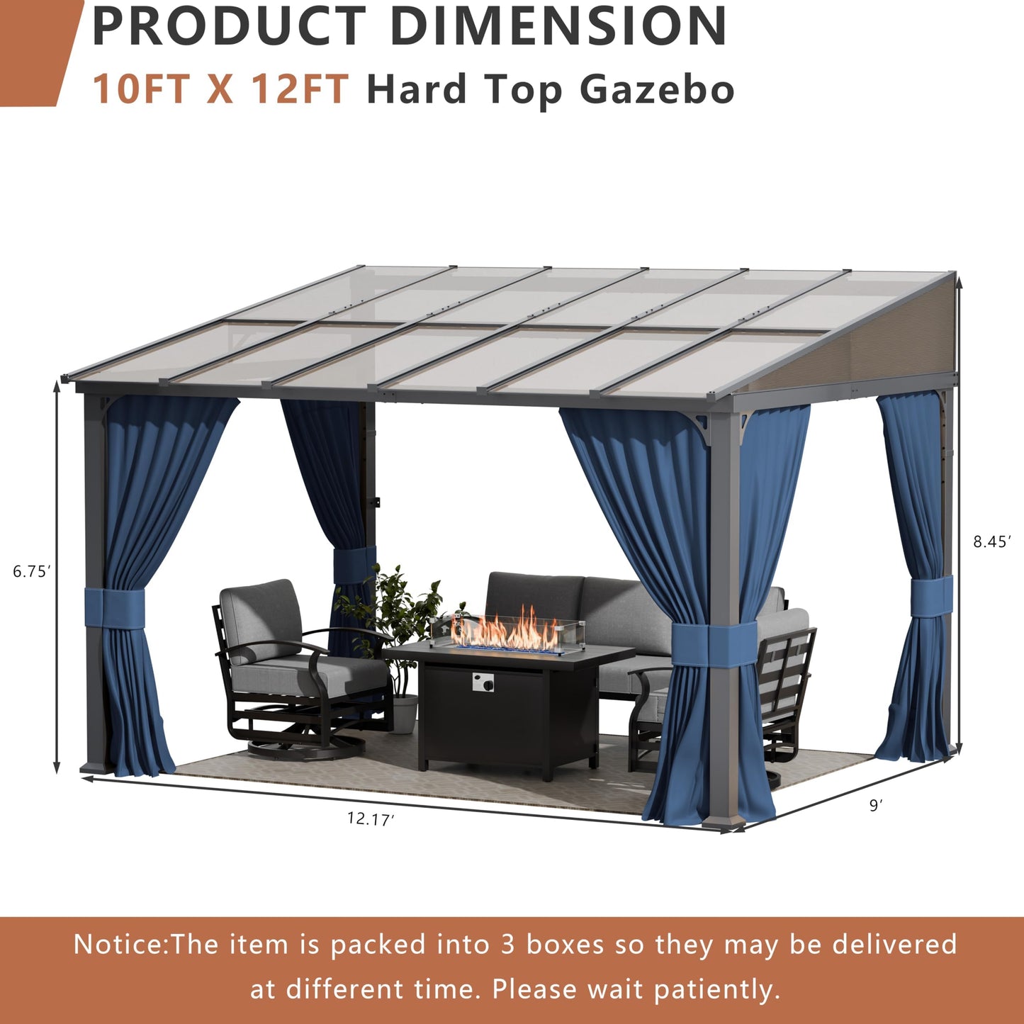 ALAULM 10'x 12' Outdoor Hardtop Gazebo,Wall Mounted Lean to Gazebo with Curtains and Netting,Galvanized Metal Frame,Sunshade for Patio, Backyard, Deck and Lawns (Dark Blue)