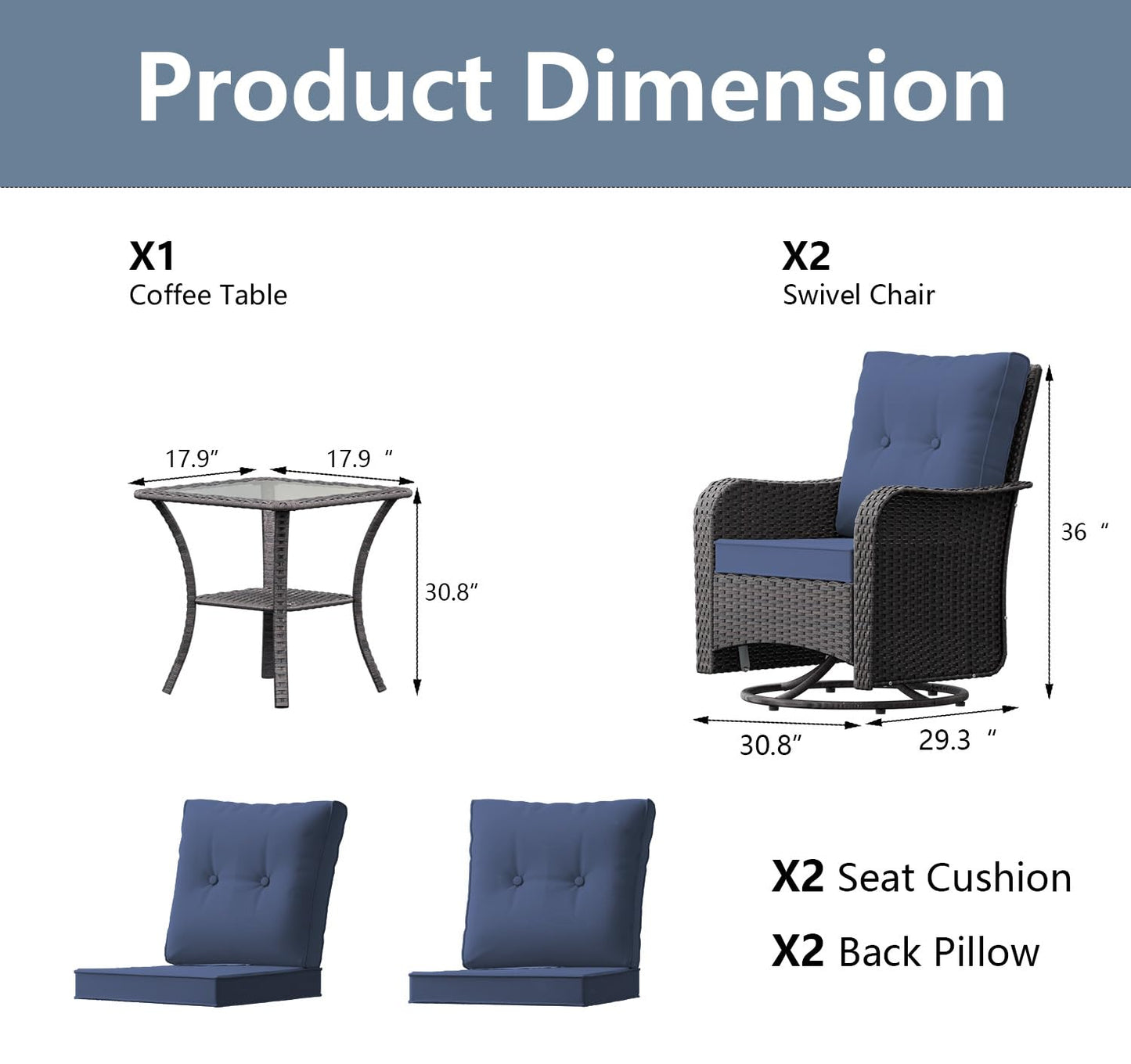 Gotland 3-Piece All-Weather Outdoor Patio Set, Wicker Swivel Chairs and Side Table, Durable Conversation Furniture for Backyard, Porch, Balcony, Deck