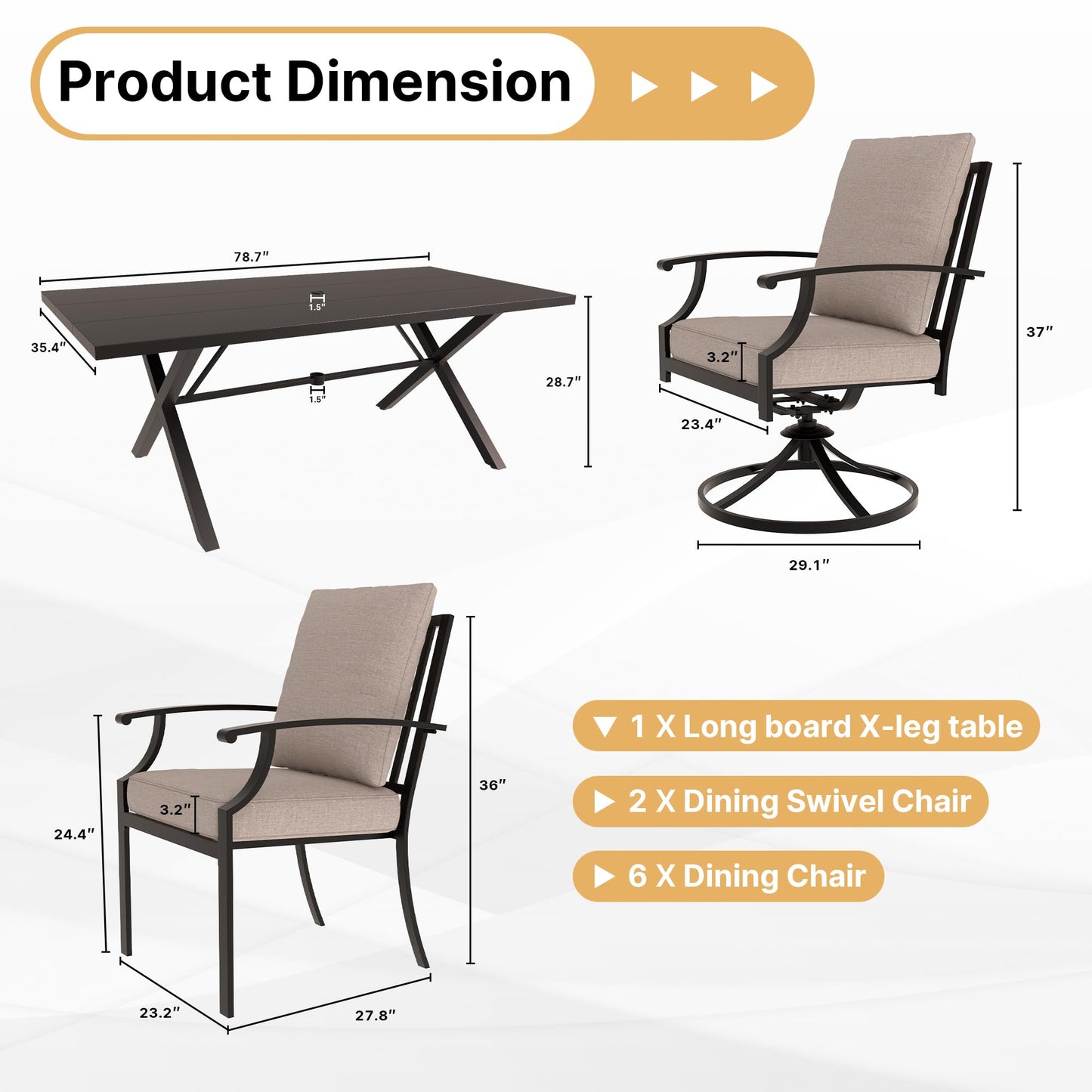 Gotland 9 Piece Outdoor Dining Set, Metal Outdoor Table,6 Single chairs and 2 Swivel Chairs , Patio Furniture Set with Waterproof Cushions, Patio Dining Sets for Backyard Deck ,Sand