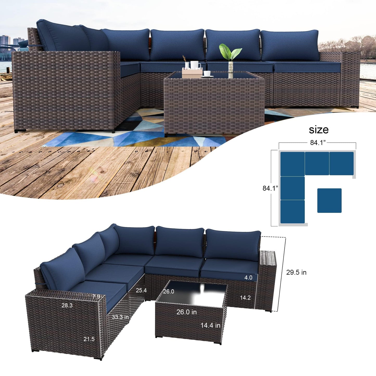 Gotland 6 Pieces Outdoor Patio Furniture Set Rattan Wicker Conversation Set,Wide Armrest