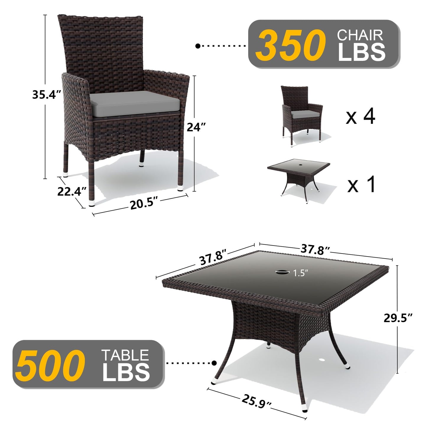 Gotland Outdoor Dining Table Set, Garden Patio Rattan Set with w/Tempered Glass Tabletop with Removable Cushions and Umbrella Cutout for Patio, Backyard