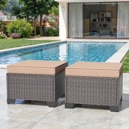 Gotland 2 Pieces All Weather PE Rattan Outdoor Ottoman Foot Stool with Thick Removable Navy Cushion for Backyard, Deck, Porch & Poolside