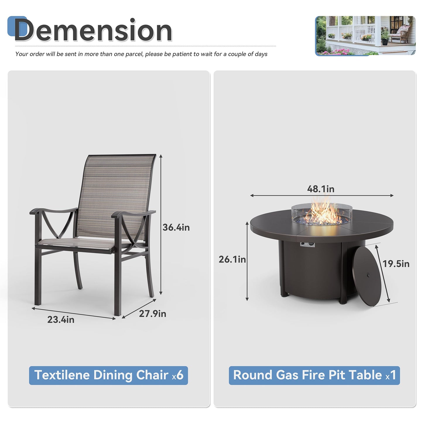 ALAULM 5 Piece Outdoor Conversation Sets, 4 Textilene Fabric Swivel Chairs with Metal Frame and w/48in Propane Round Fire Pit Table for Deck Garden Backyard Porch,Brown