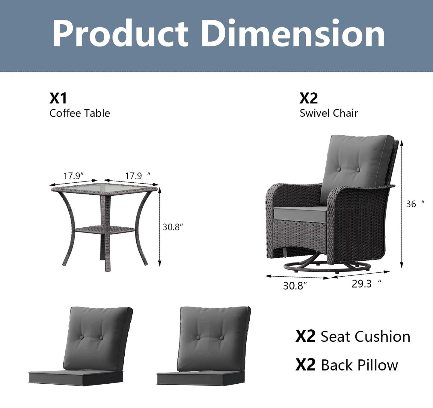 Gotland 3-Piece All-Weather Outdoor Patio Set, Wicker Swivel Chairs and Side Table, Durable Conversation Furniture for Backyard, Porch, Balcony, Deck