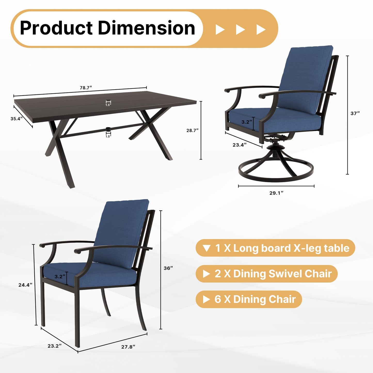 Gotland 9 Piece Outdoor Dining Set, Metal Outdoor Table,6 Single chairs and 2 Swivel Chairs , Patio Furniture Set with Waterproof Cushions, Patio Dining Sets for Backyard Deck ,Sand