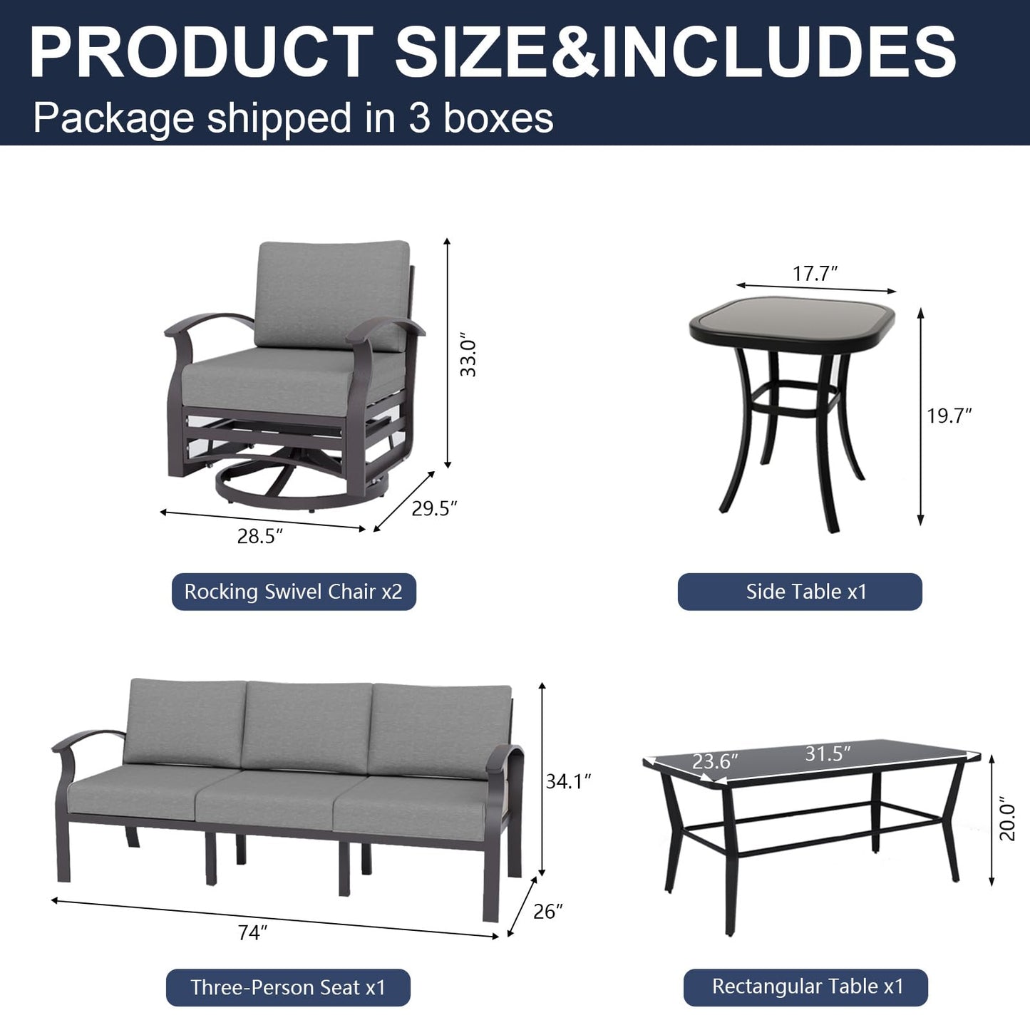 ALAULM Aluminum Patio Furniture Set 5-Seat Modern Outdoor Conversation Sets w/Swivel Rocking Chairs with Rectangular Coffee Table
