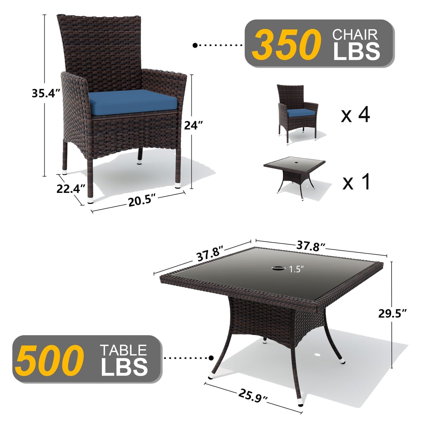 Kullavik 5-Piece Patio Outdoor Dining Set, Wicker Patio Furniture Set of 4 Rattan Chairs with Soft Cushions and Square Table with Umbrella Cutout