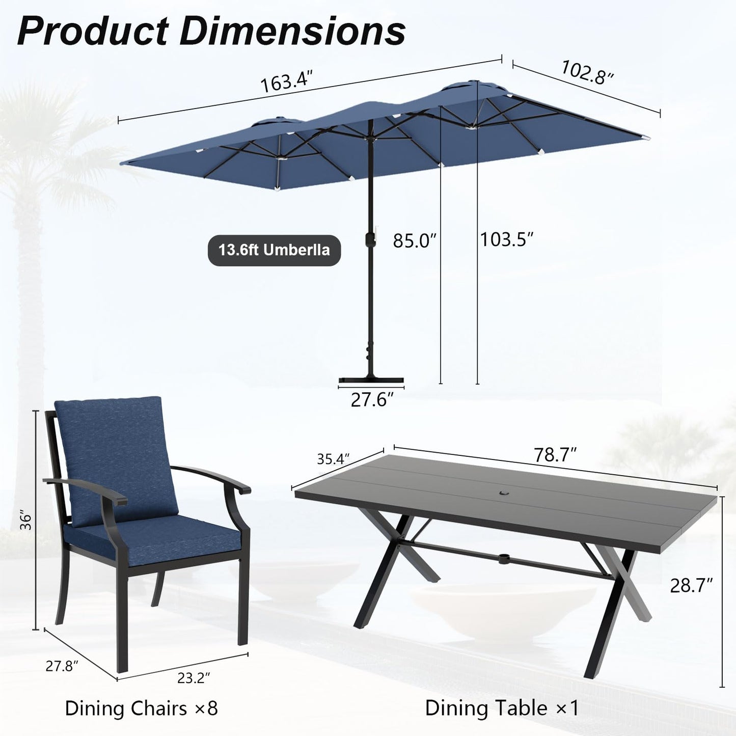 Gotland 10PCS Patio Conversation Set, Metal Outdoor Furniture Set Includes 13.6FT Umbrella, Hole Cut-Out 78.7" x 35.4" Table and 8 Metal Stackable chairs for Backyard Garden