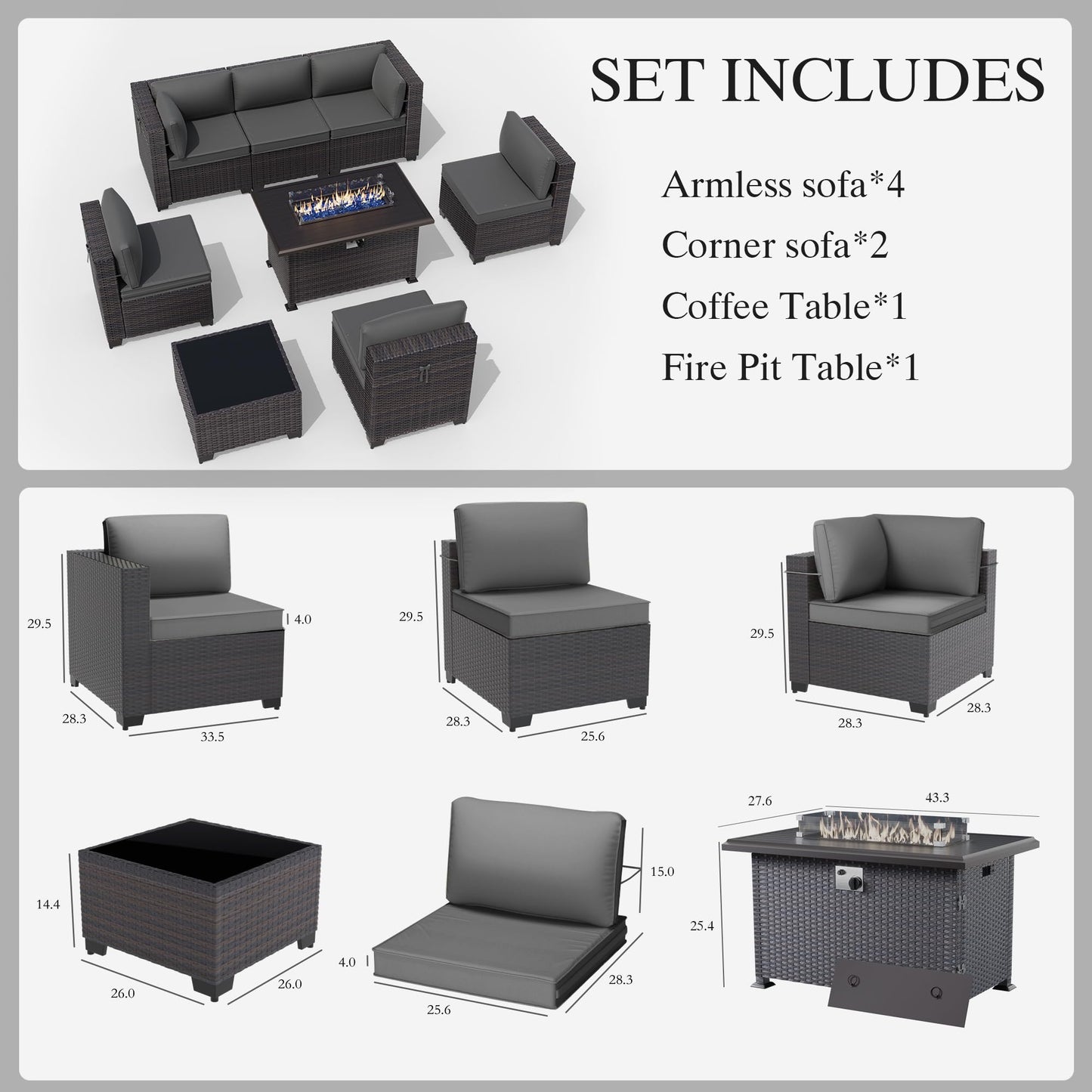 Gotland 8 Pieces Outdoor Patio Furniture Set with 43" Propane Fire Pit Table, PE Rattan Patio Conversation Set