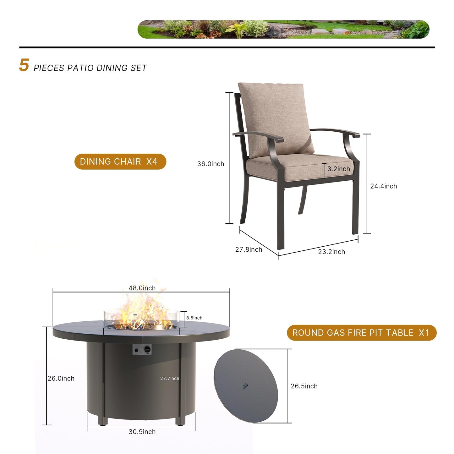 ALAULM 7PCS Metal Outdoor Patio Furniture Set with 48"/55000 BTU Round Propane Fire Pit Table,Patio Conversation Sets 6 Fixed Chairs No-Slip Cushions