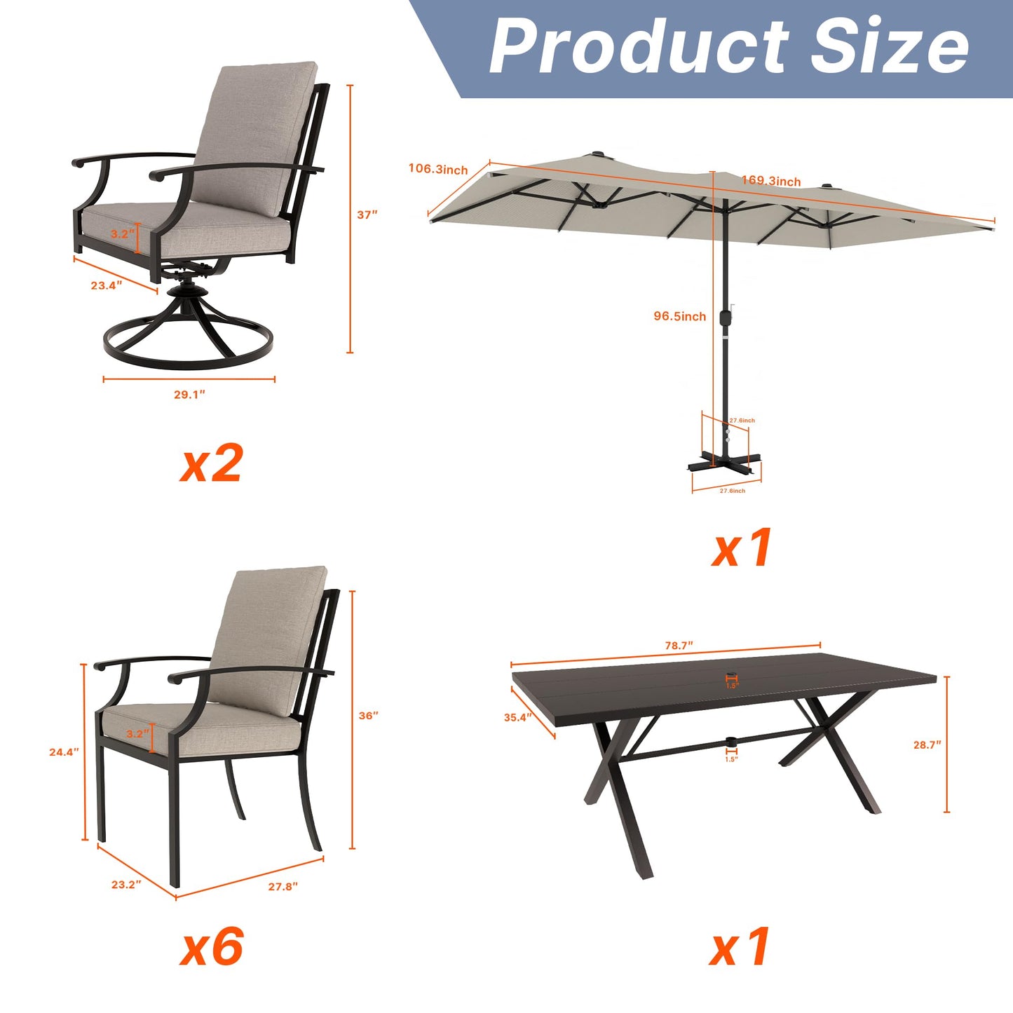Gotland 10PCS Outdoor Patio Dining Set with 13.6ft Double-Sided Patio Umbrella, Patio Table and Chairs Metal Outdoor Patio Furniture Set, Dining Table Set with 8 Swivel Chairs