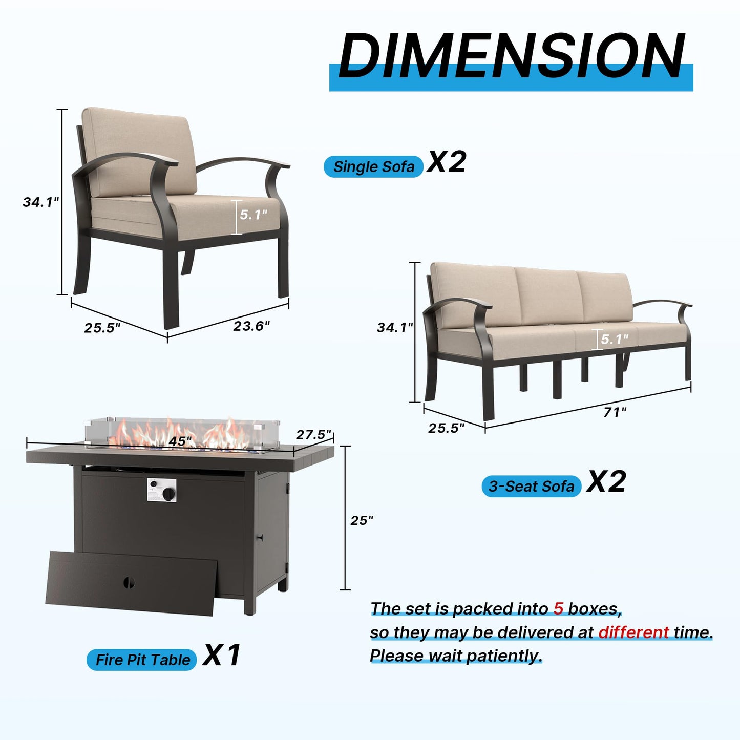 Gotland 8 Seats Outdoor Metal Patio Furniture Set with 55,000 BTU Gas Fire Pit Table w/Glass Wind Guard Patio Conversation Sectional Sofa Sets