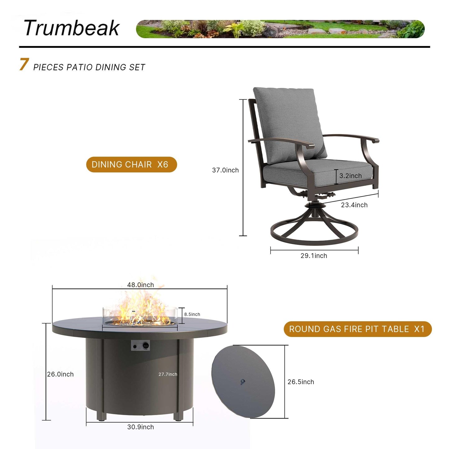 ALAULM 7PCS Metal Outdoor Patio Furniture Set with 48"/55000 BTU Round Fire Pit Table,Outdoor Dining Table Set 6 Swivel Chairs No-Slip Cushions