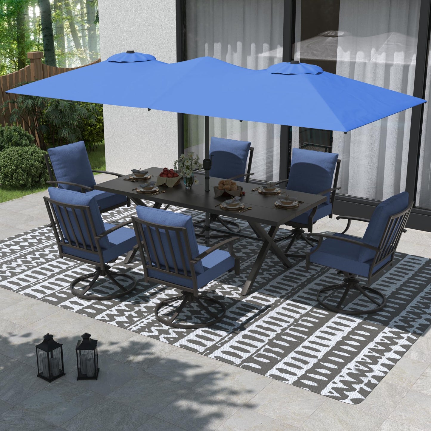 Gotland 8PCS Outdoor Patio Dining Set with 13.6ft Double-Sided Patio Umbrella, Patio Table and Chairs Metal Outdoor Patio Furniture Set, Dining Table Set with 6 Swivel Chairs