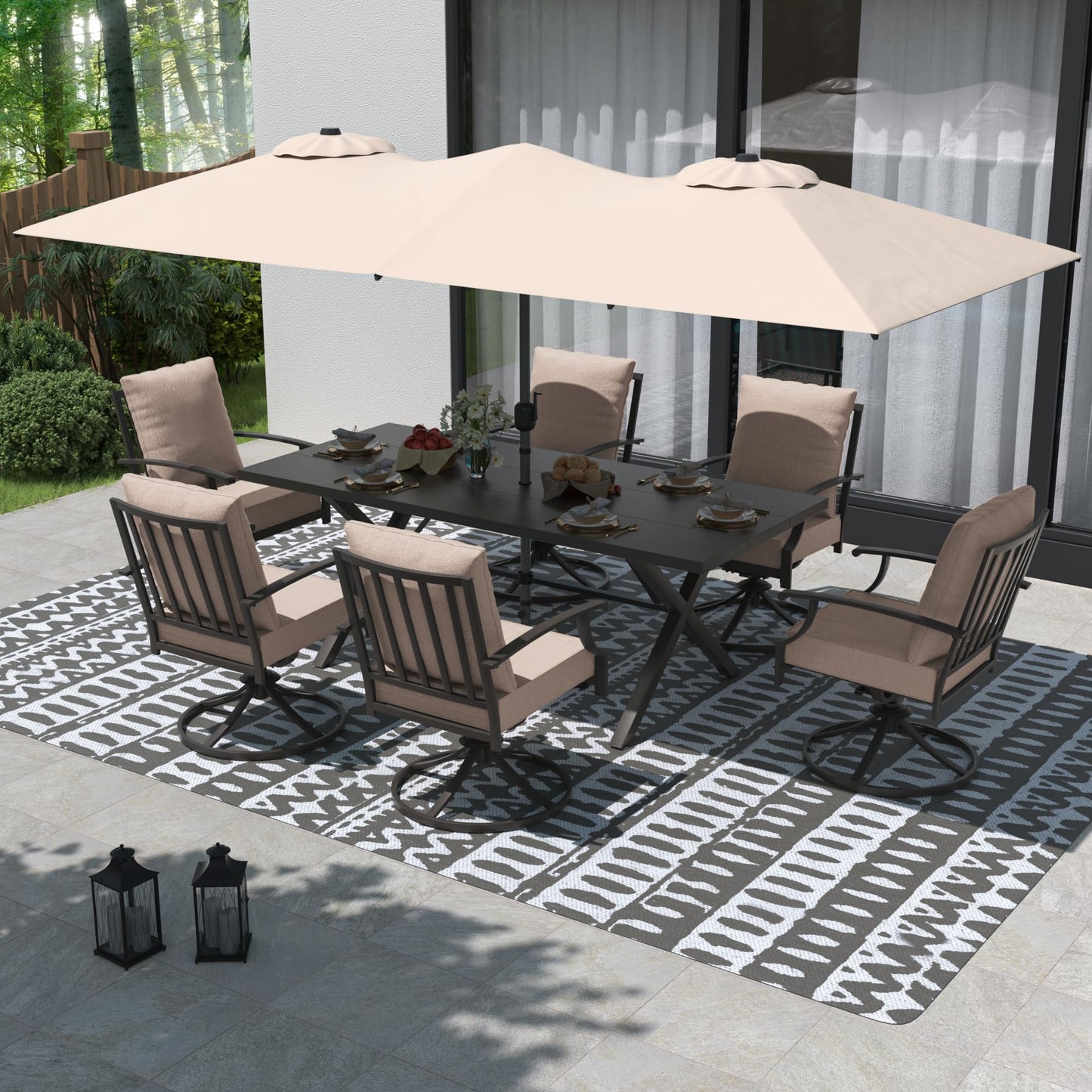 Gotland 8PCS Outdoor Patio Dining Set with 13.6ft Double-Sided Patio Umbrella, Patio Table and Chairs Metal Outdoor Patio Furniture Set, Dining Table Set with 6 Swivel Chairs