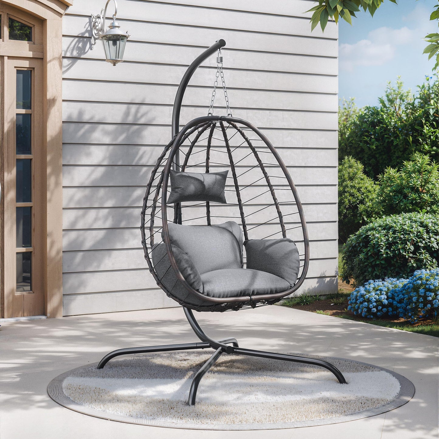 Gotland Outdoor Hanging Egg Chair with Stand,Patio Wicker Swing Egg Chair Hammock Chair with UV Resistant Cushion,All-Weather 485lbs Capacity for Bedroom,Balcony,Garden,Beige