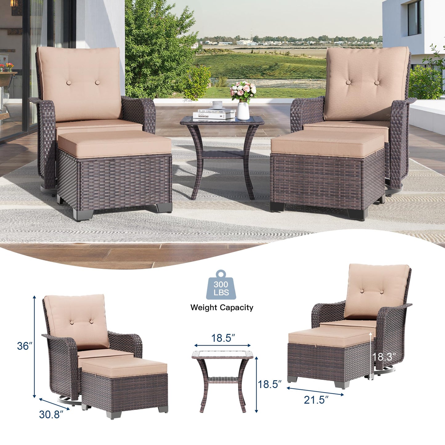 Gotland 5 Pieces Outdoor Swivel Chairs Set,Patio Wicker Rocker Chairs with 4" Thick Cushions,Side Table and Ottomans,Patio Conversation Furniture Set for Patio Porch Deck Backyard