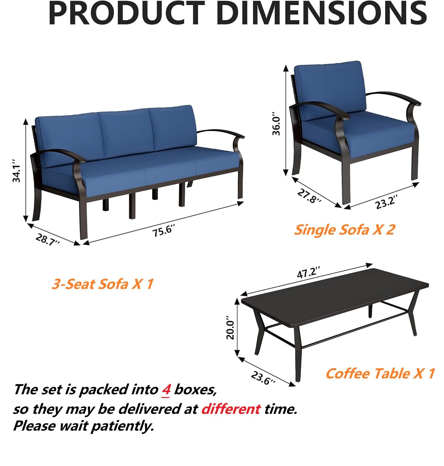 Gotland 5 Piece Aluminum Patio Furniture Set,Modern Metal Outdoor Patio Furniture w/5.1'' Thick Cushion and Rectangular Coffee Table,Patio Conversation Sets for Porch,Deck