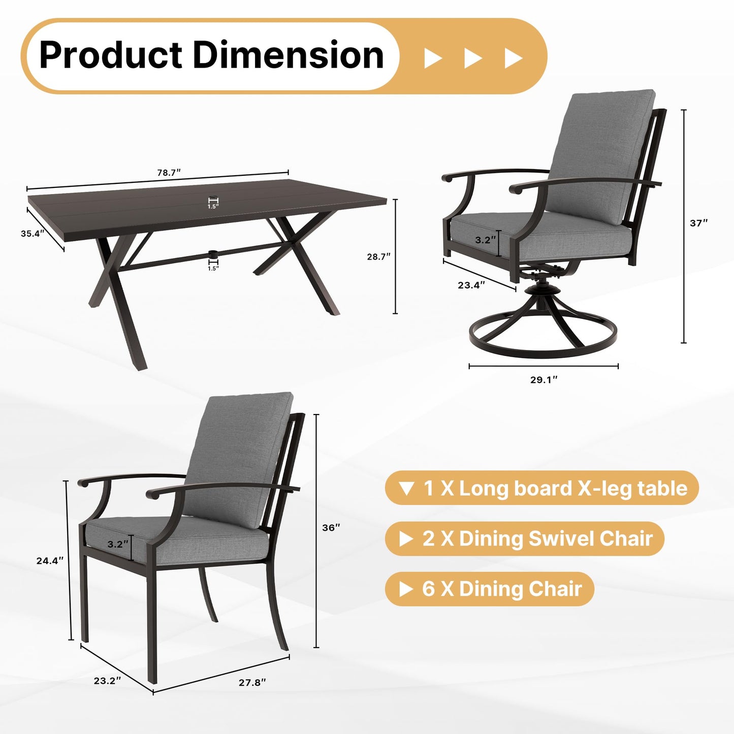 Gotland 9 Piece Outdoor Dining Set, Metal Outdoor Table,6 Single chairs and 2 Swivel Chairs , Patio Furniture Set with Waterproof Cushions, Patio Dining Sets for Backyard Deck ,Sand