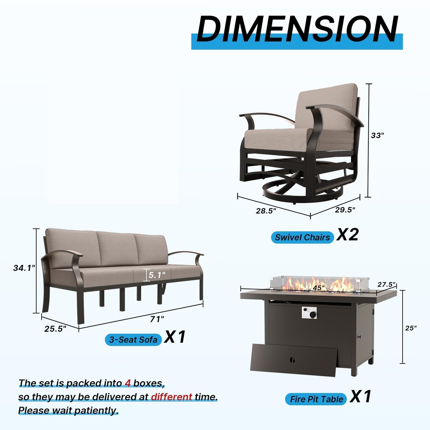 Gotland 5 Seats Outdoor Metal Patio Furniture Set with 2 Swivel Rocking Chairs&55,000 BTU Gas Fire Pit Table w/Glass Wind Guard Patio Conversation Sectional Sofa Sets