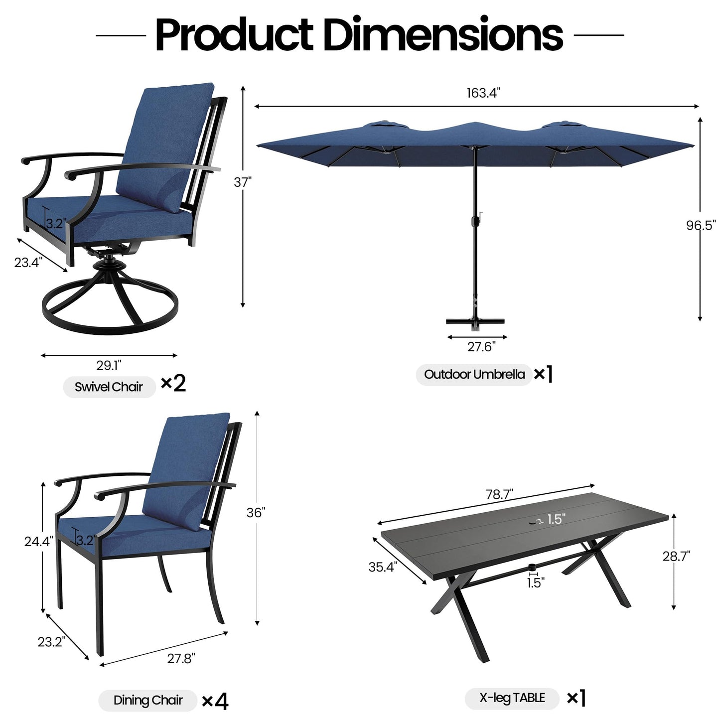 Gotland 8PCS Outdoor Patio Dining Set with 13.6ft Double-Sided Patio Umbrella, Patio Table and Chairs Metal Outdoor Patio Furniture Set, Dining Table Set with 2 Swivel Chairs