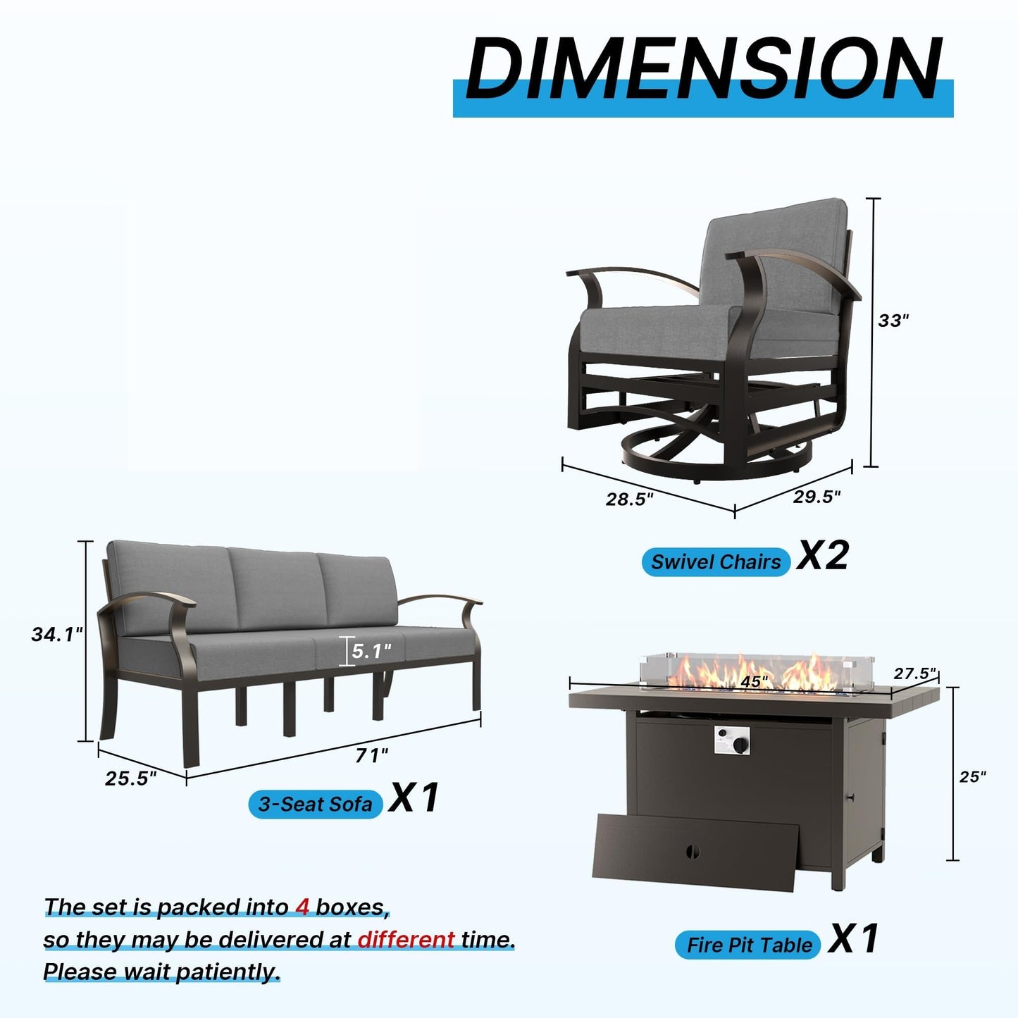 Gotland 5 Seats Outdoor Metal Patio Furniture Set with 2 Swivel Rocking Chairs&55,000 BTU Gas Fire Pit Table w/Glass Wind Guard Patio Conversation Sectional Sofa Sets